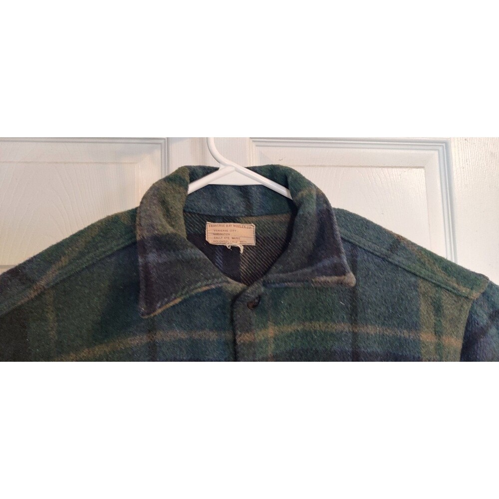 Vintage Traverse Bay Woolen Company Wool Flannel Shirt Green Blue Color 40s 50s - Picture 12 of 15